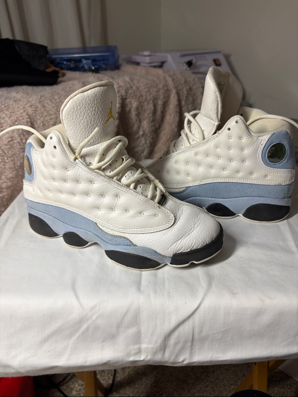 Jordan Retro High-Top Sneakers in White, Light Blue and Gold Youth